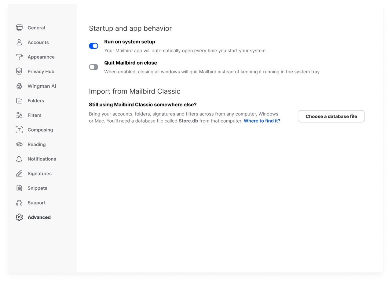 Mailbird Next option to choose a Mailbird Classic database file