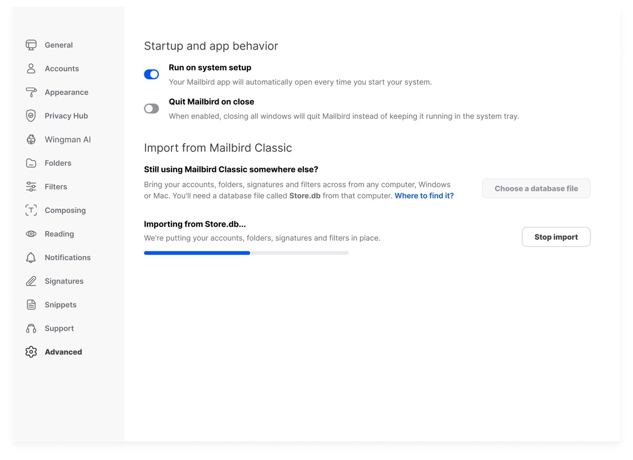 Mailbird Next import progress screen