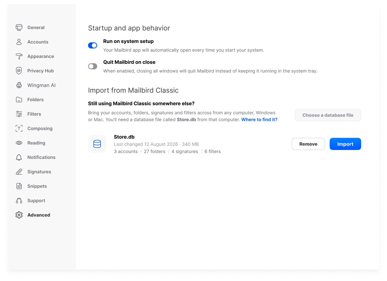 Mailbird Next showing selected Mailbird Classic database file