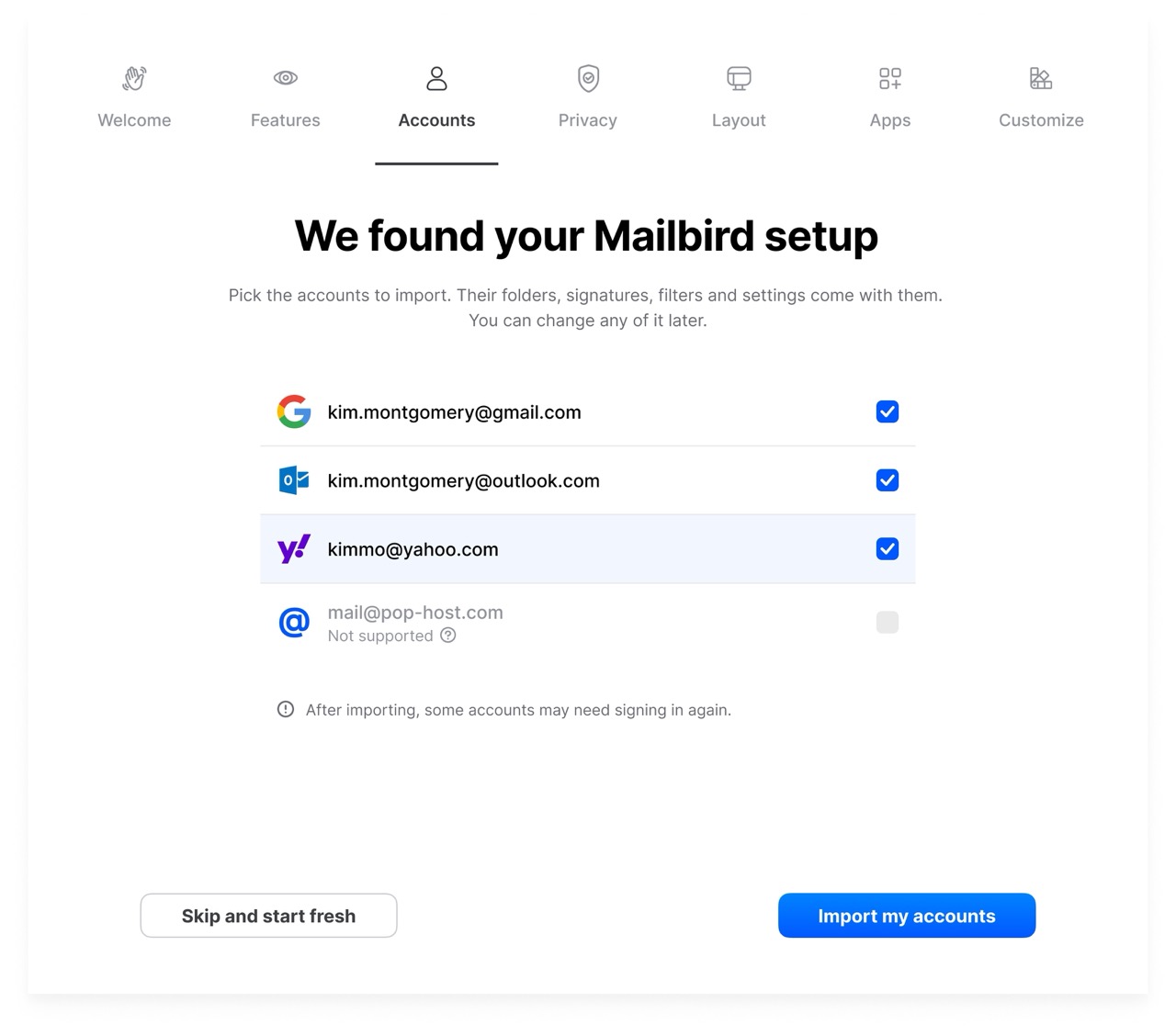 Mailbird Next setup showing detected Mailbird Classic account data